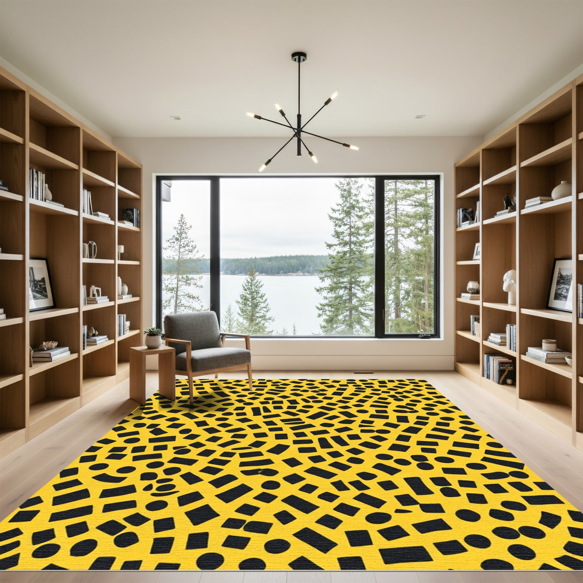 Yellow Black Scattered Shapes Rug
