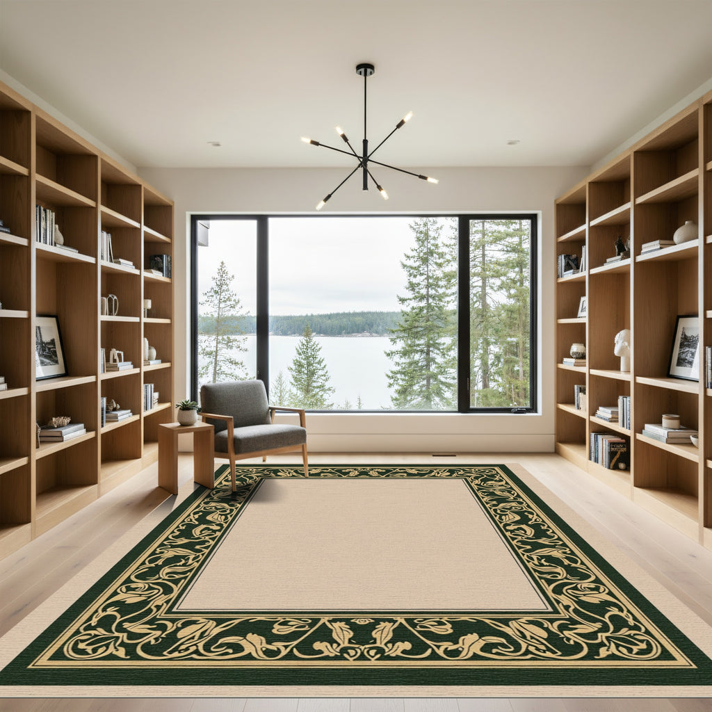 Ornate Evergreen Floral Border Rug