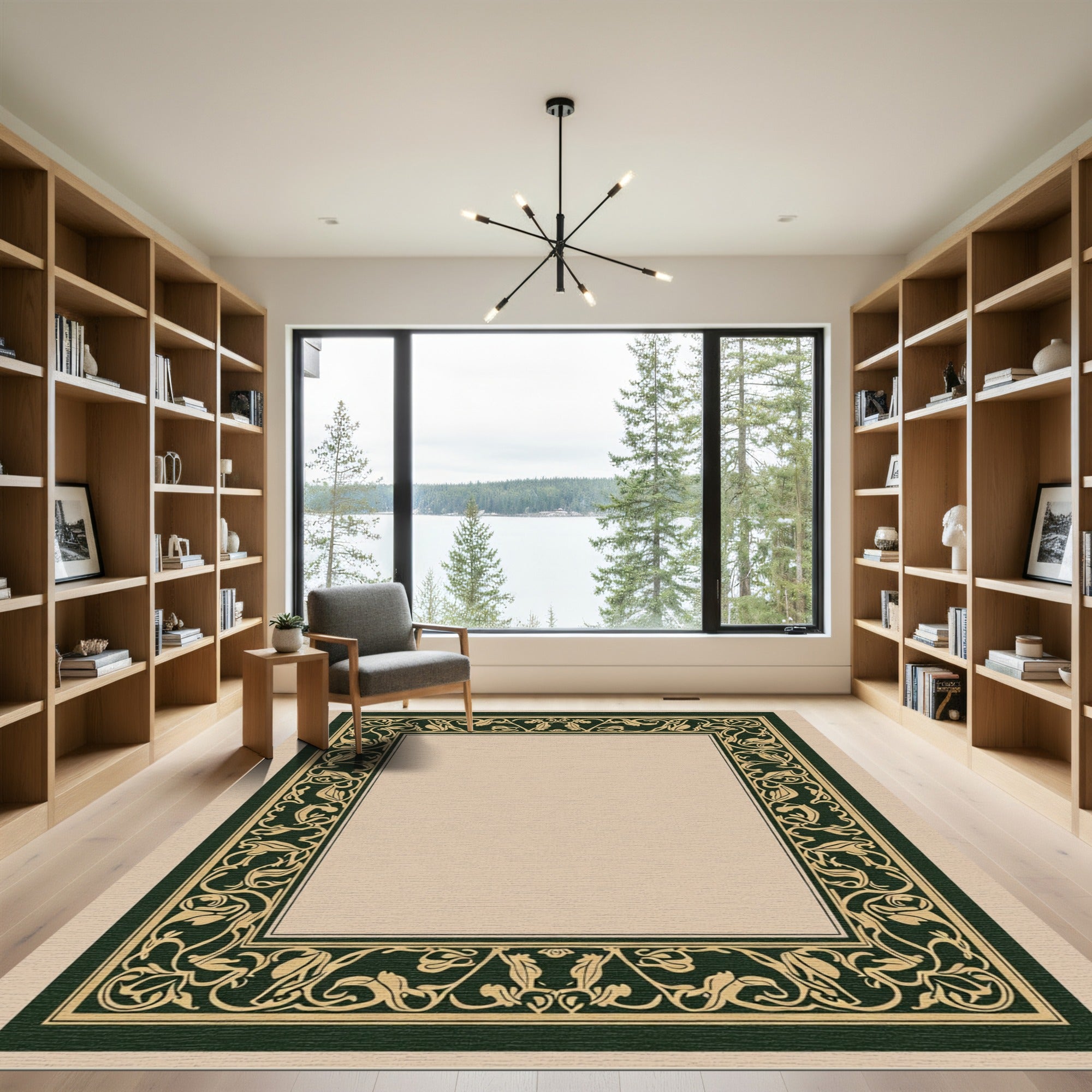 Ornate Evergreen Floral Border Rug