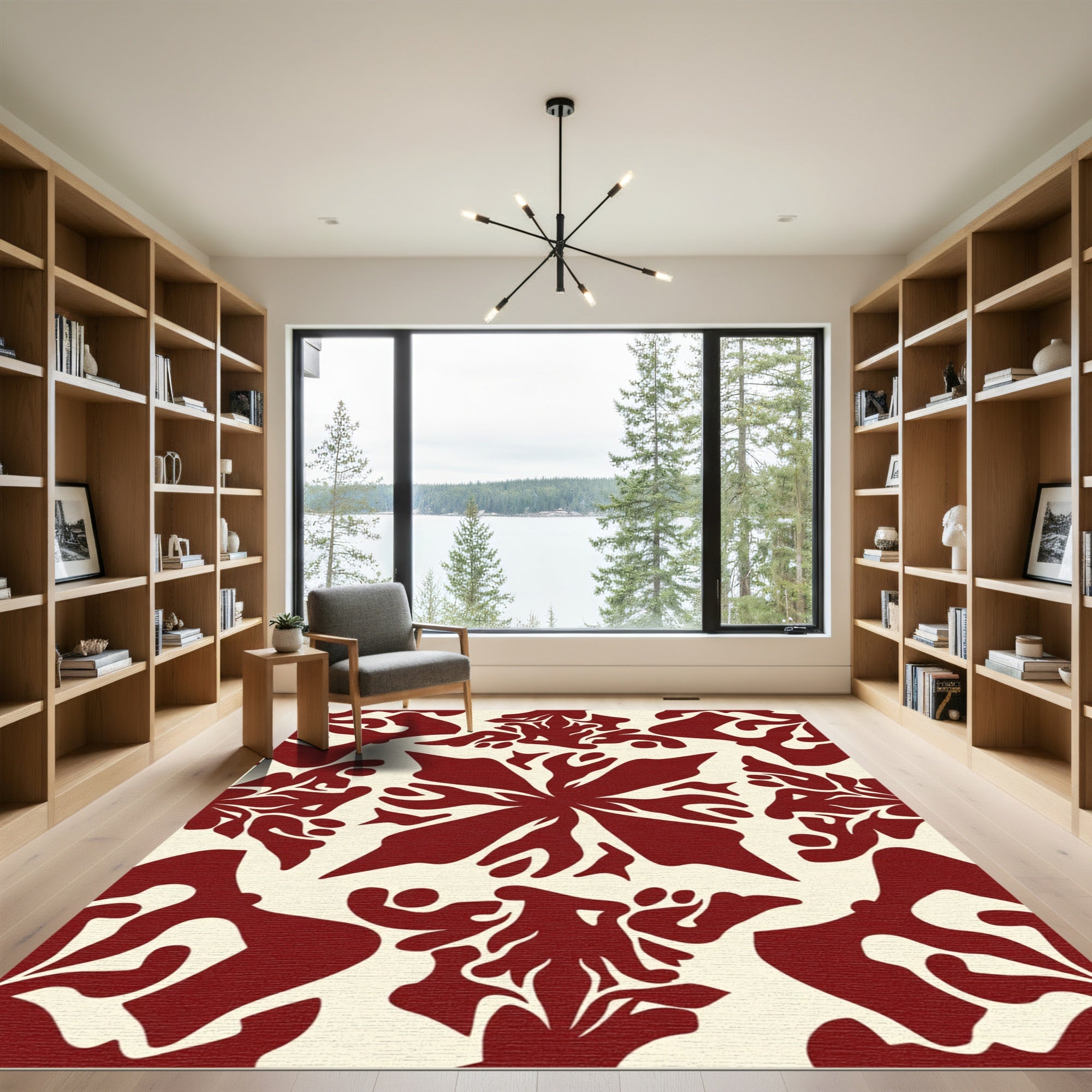 Crimson Cream Floral Mandala Rug