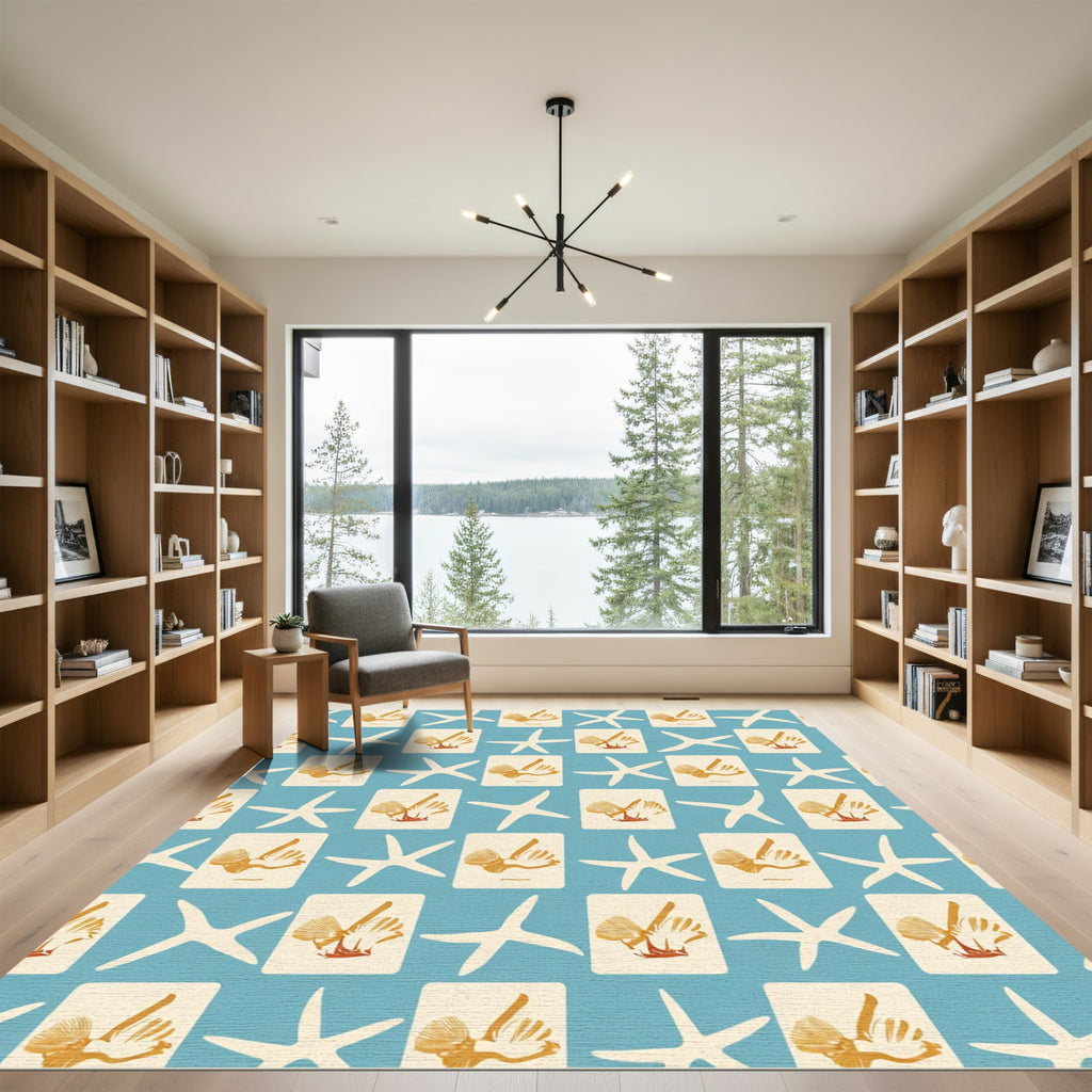 Navy Blue Starfish Shell Collage Rug