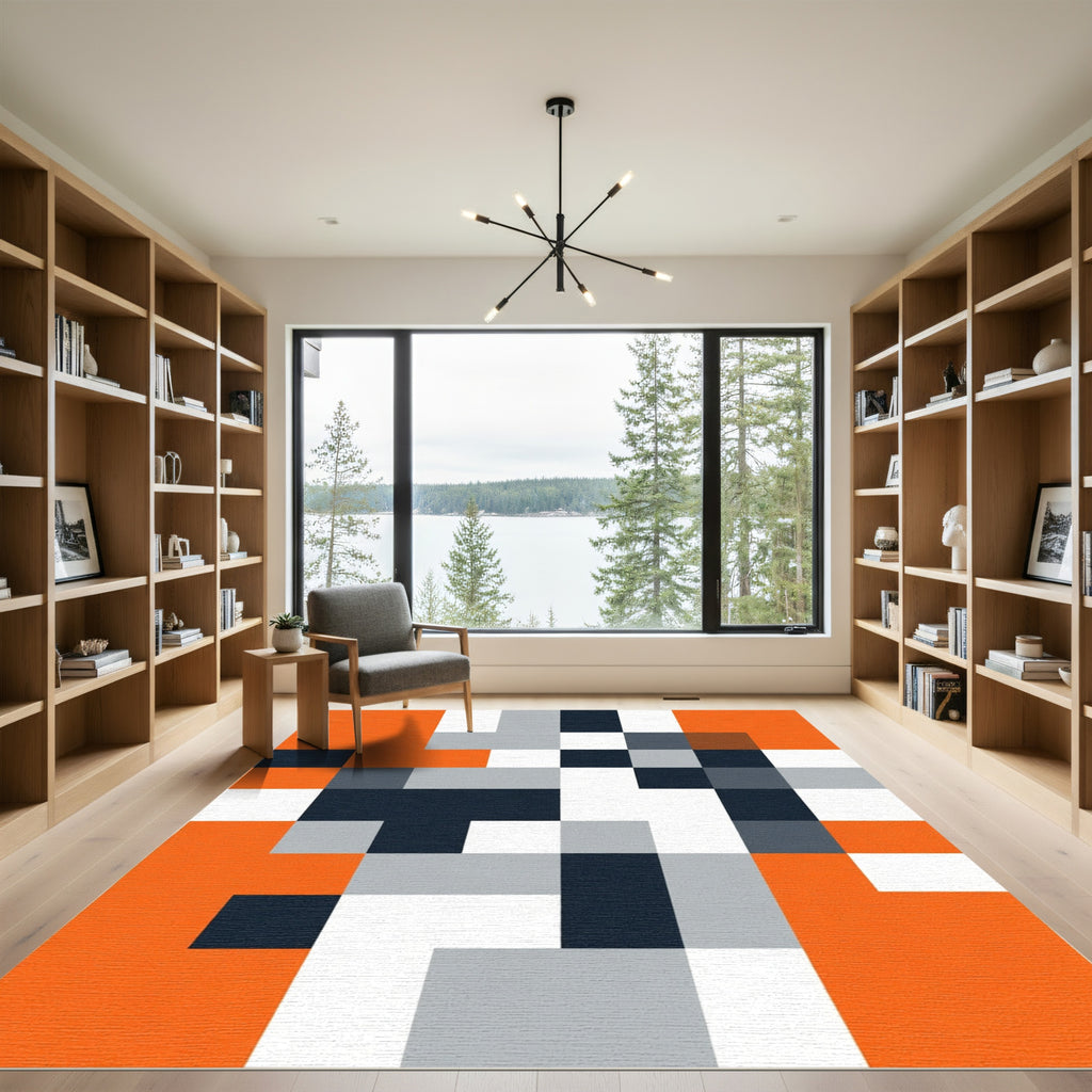 Geometric Orange White Navy Block Rug