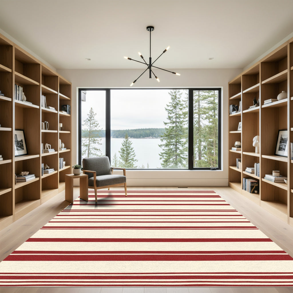 Classic Red Cream Horizontal Stripes Rug