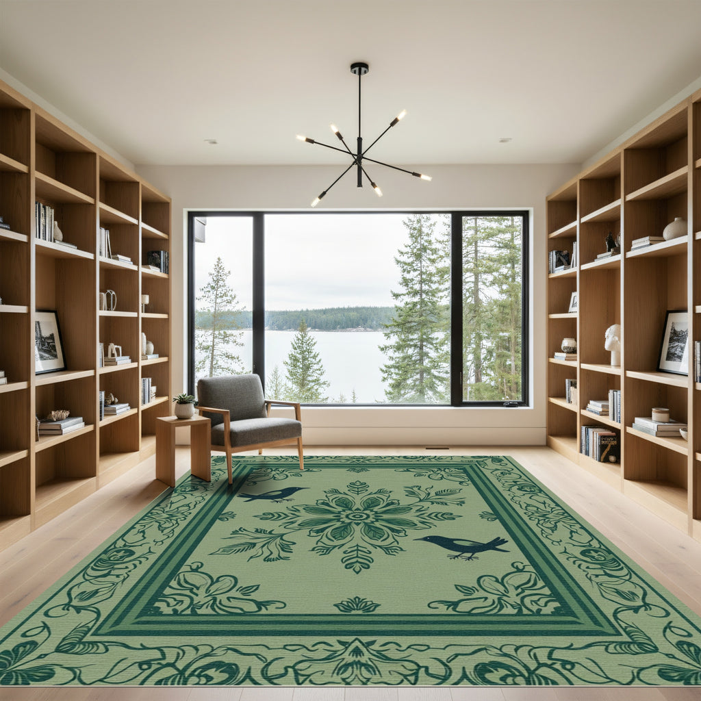 Sage Green Bird Floral Medallion Rug