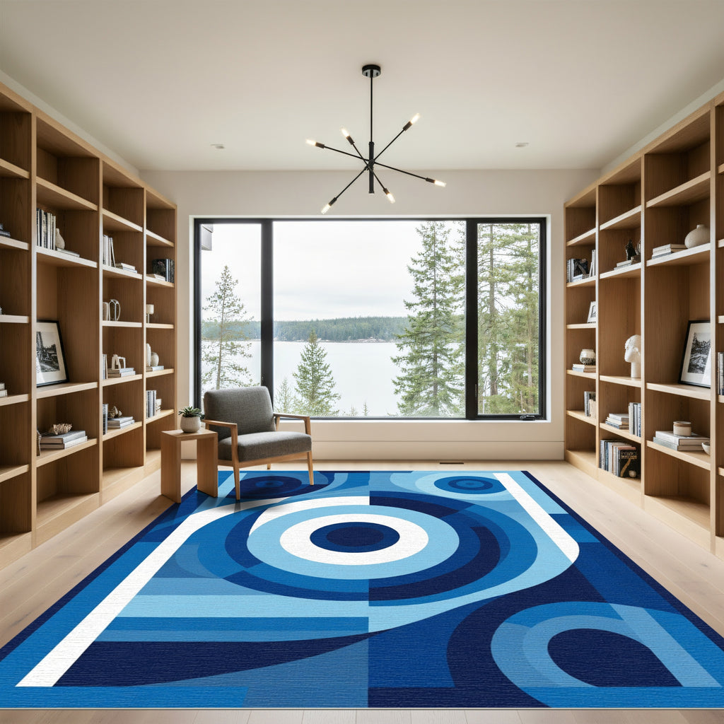 Modern Deep Blue Concentric Circles Rug