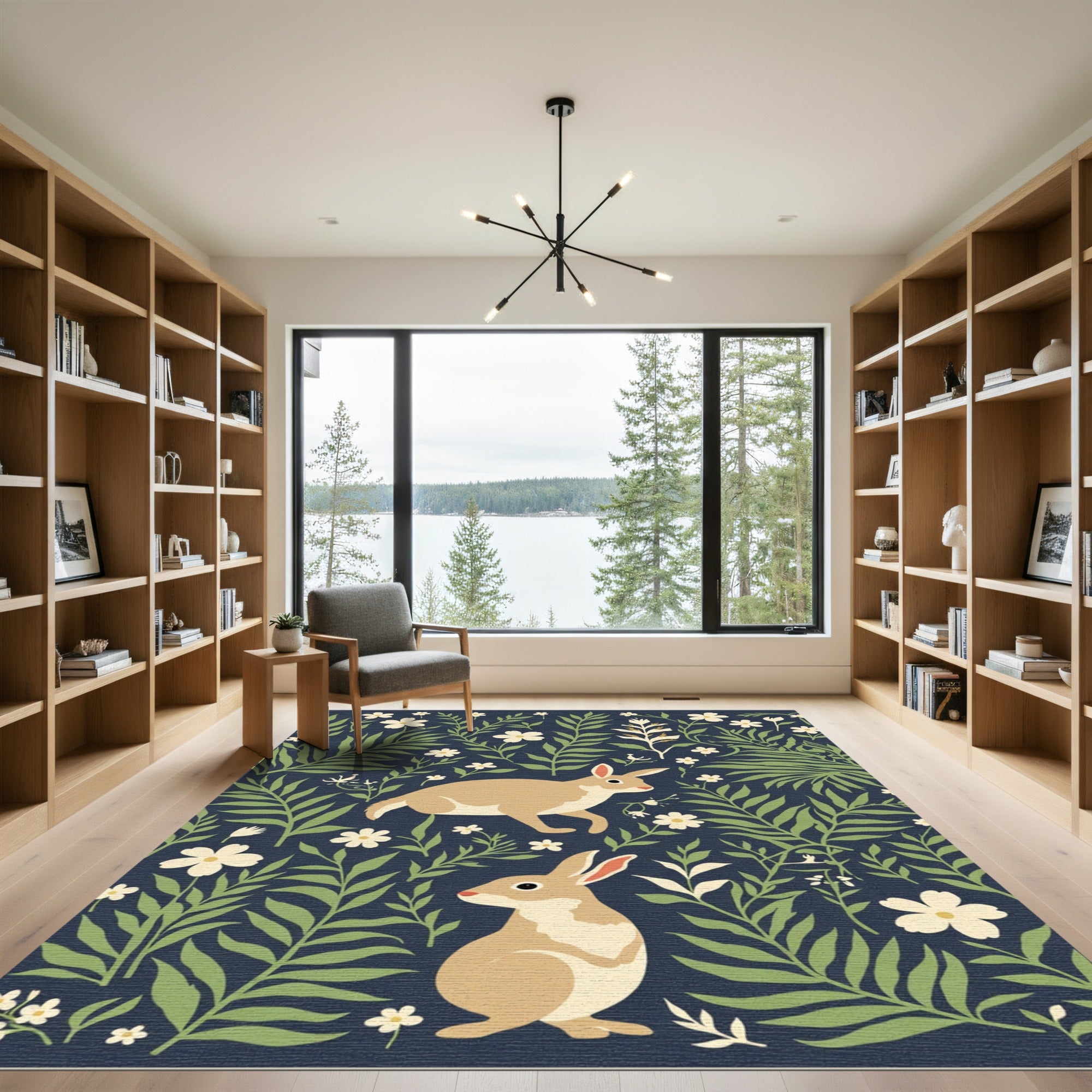 Tan Rabbits Among Green Foliage Rug