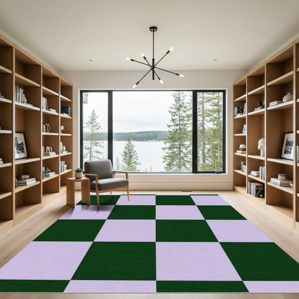 Forest Green Lavender Checkered Squares Rug