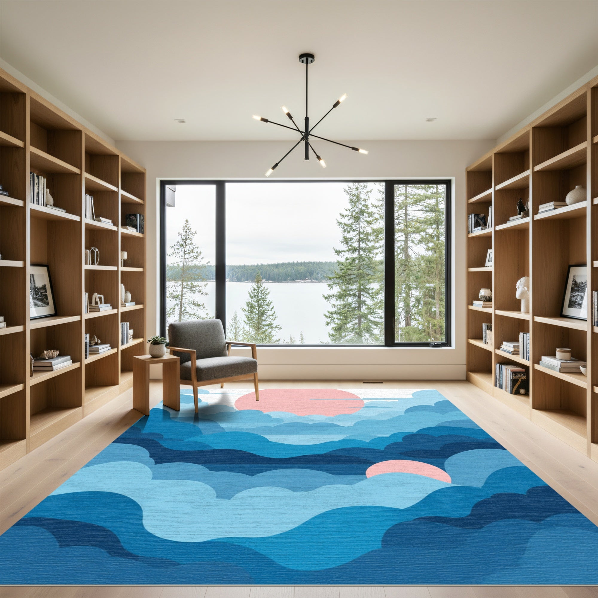 Abstract Blue Cloudscape With Pink Sun Rug