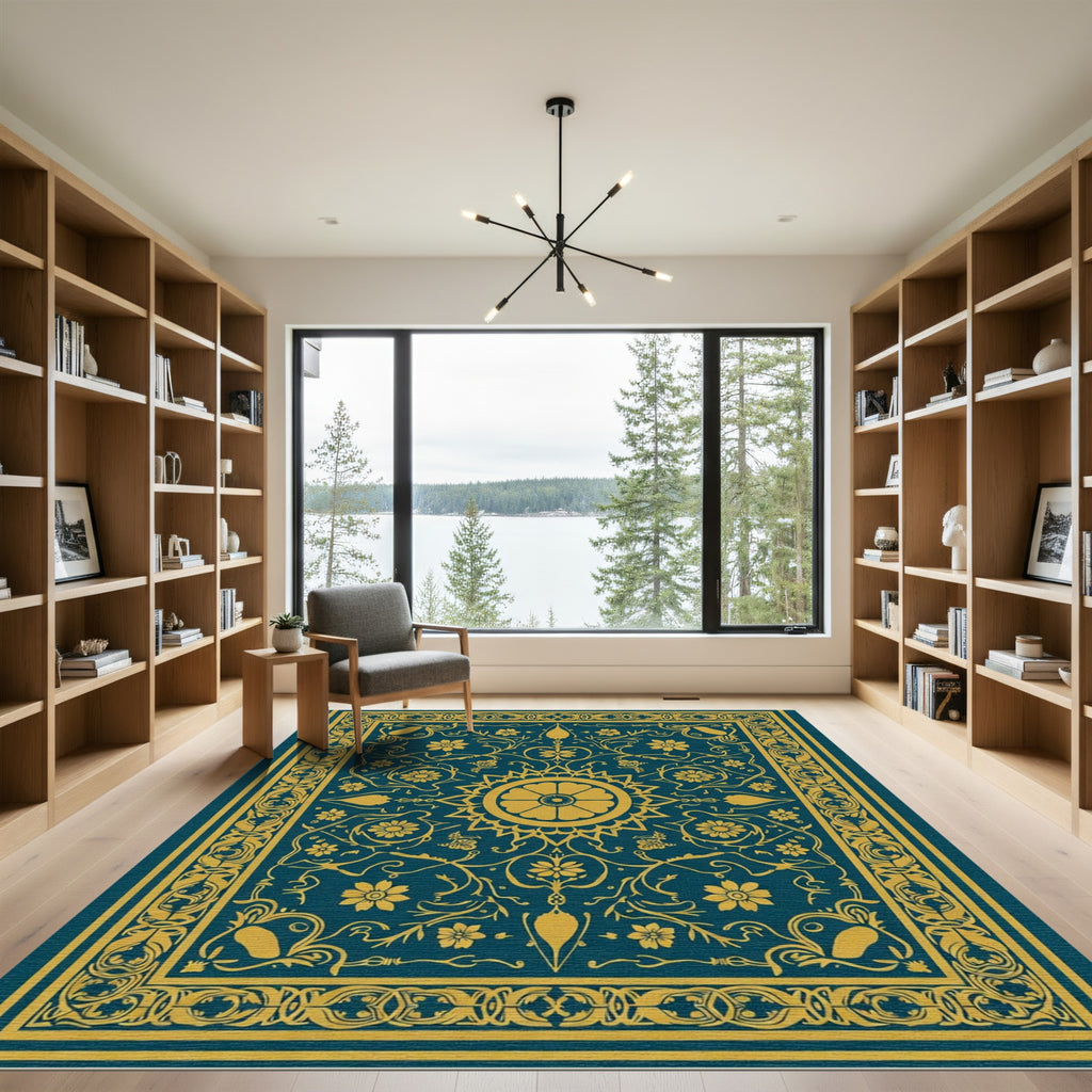 Golden Floral Medallion Teal Rug