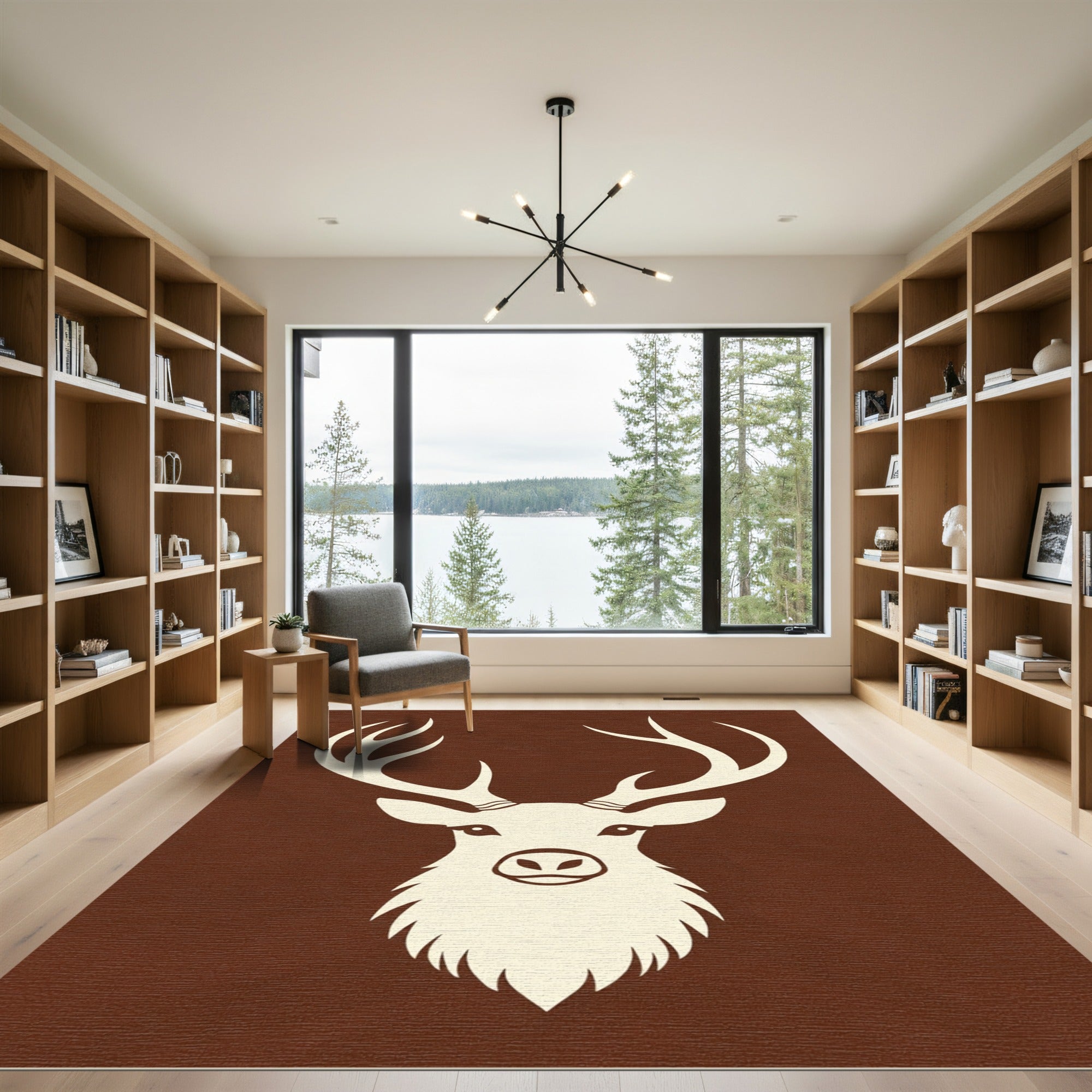 Rustic Cream Deer Head Brown Background Rug