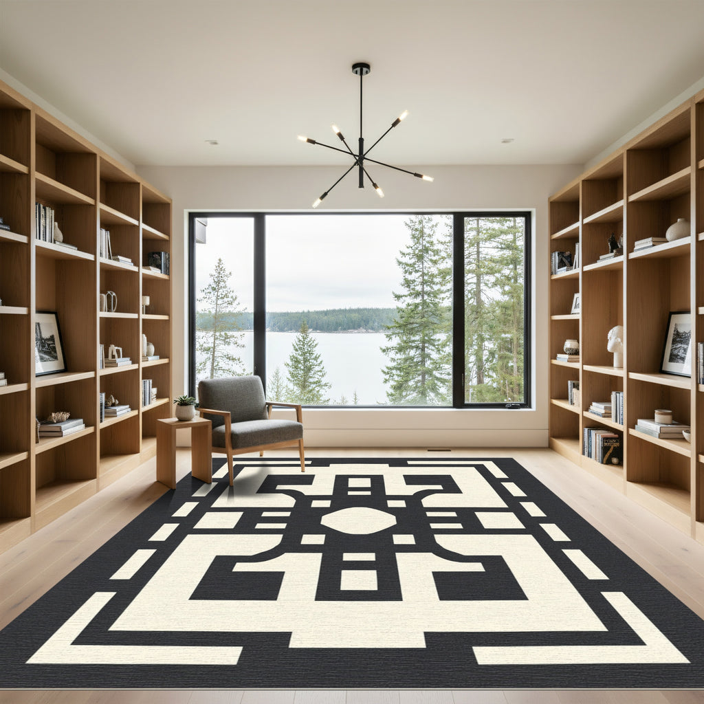 Dark Cream Geometric Maze Rug
