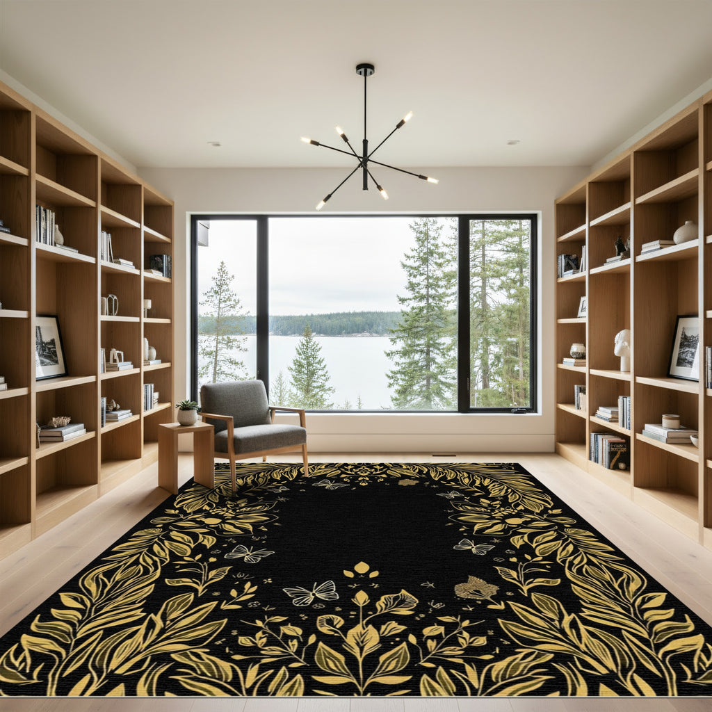 Golden Floral Butterfly Frame Rug