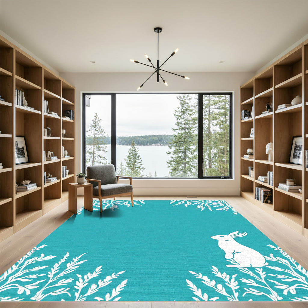 Turquoise White Hare Floral Border Rug