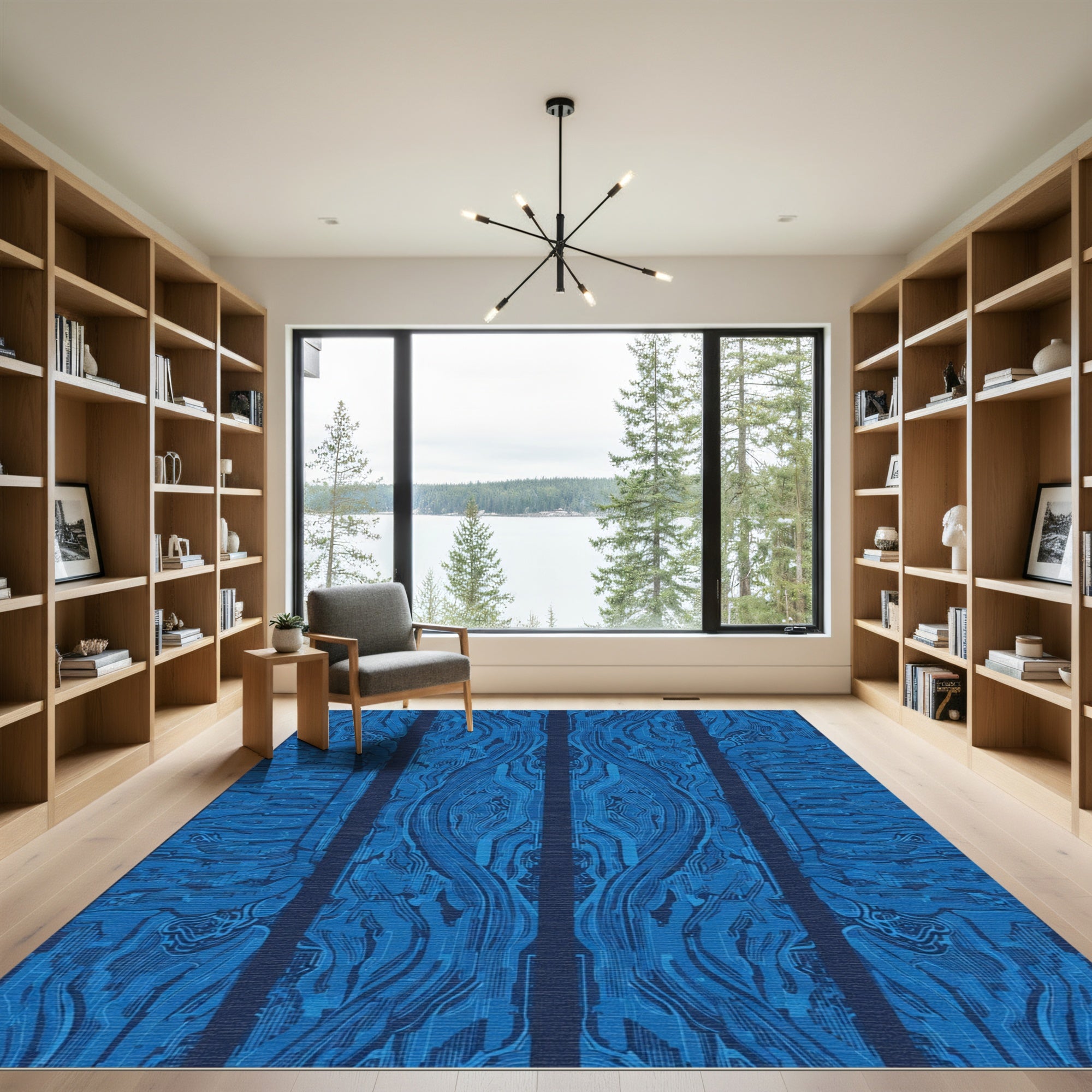 Deep Blue Circuit Board Abstract Lines Rug