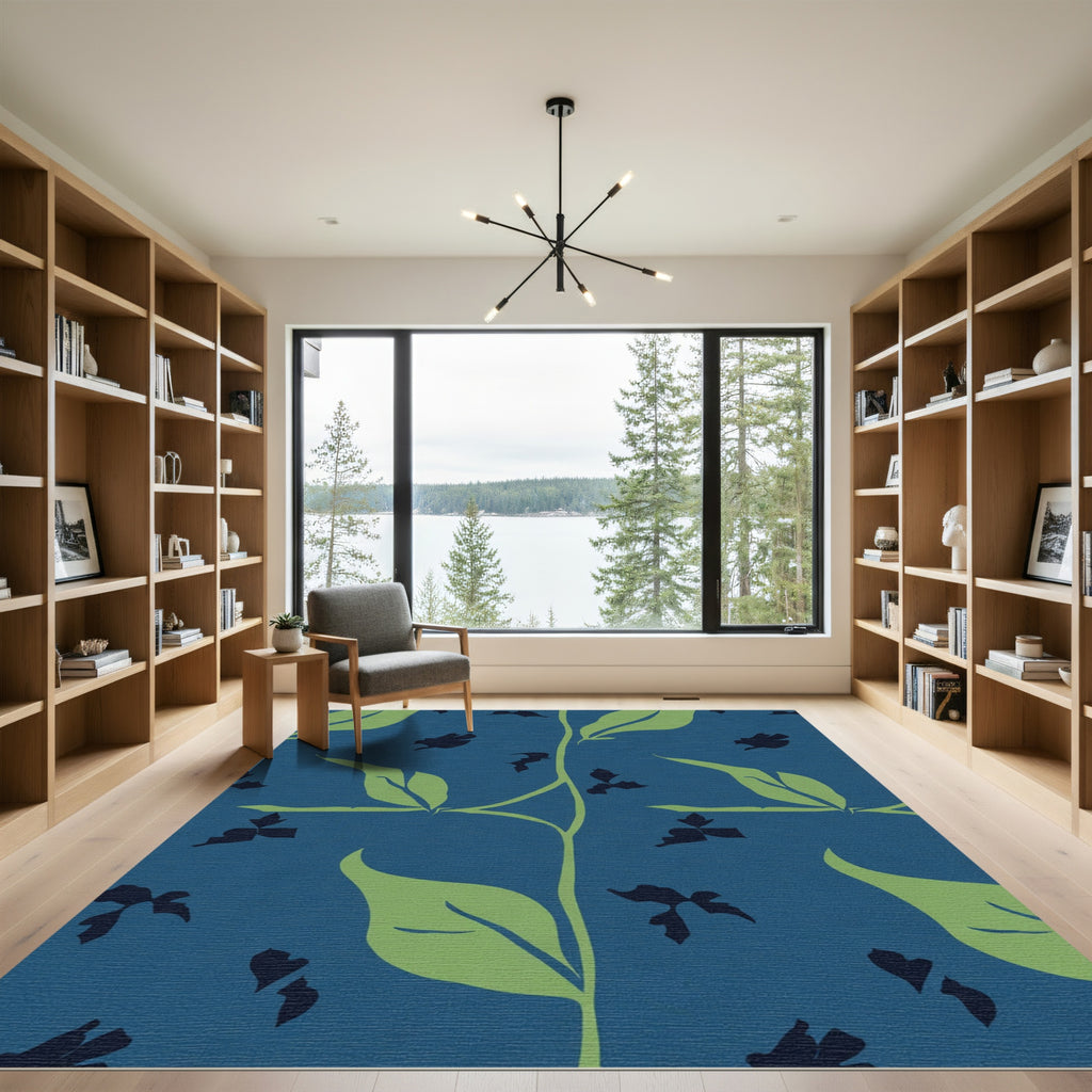 Navy Blue Vine Silhouette Leaf Rug
