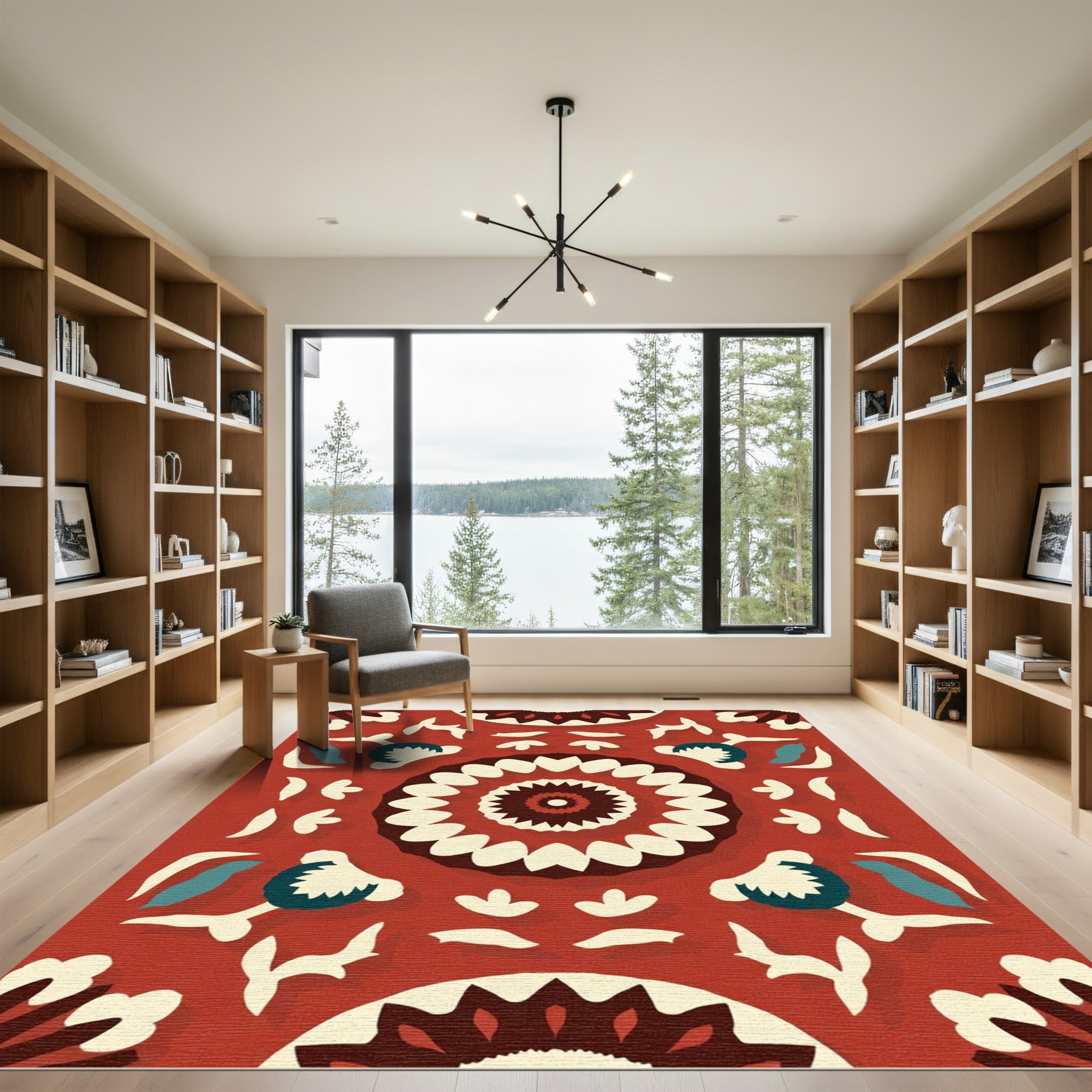 Rustic Crimson Floral Medallion Relief Rug