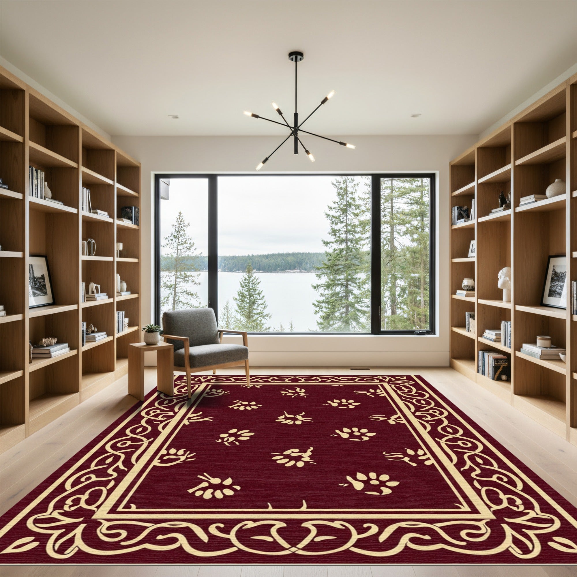 Deep Red Cream Border Floral Accent Rug