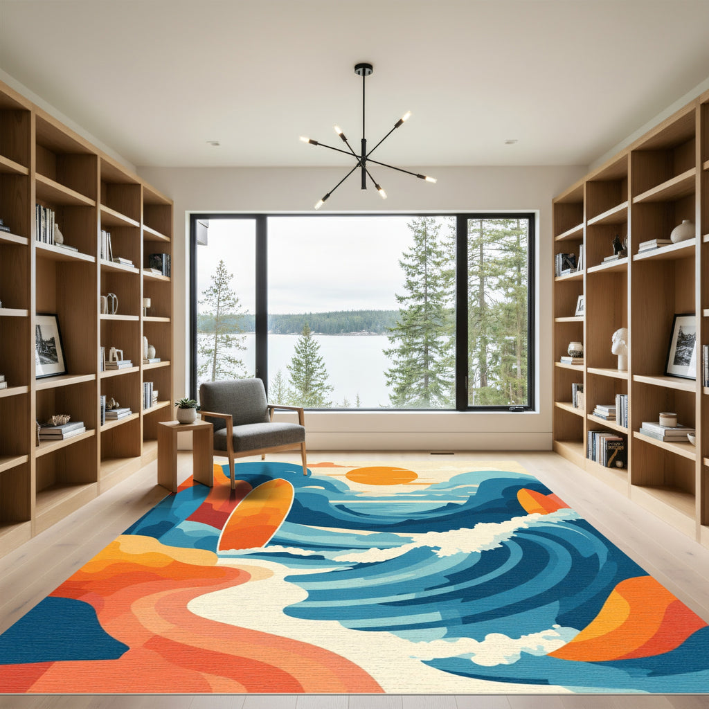 Ocean Wave Surfboard Sunset Landscape Rug