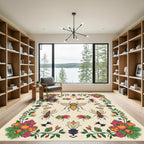 Vibrant Floral Insect Medallion Cream Rug