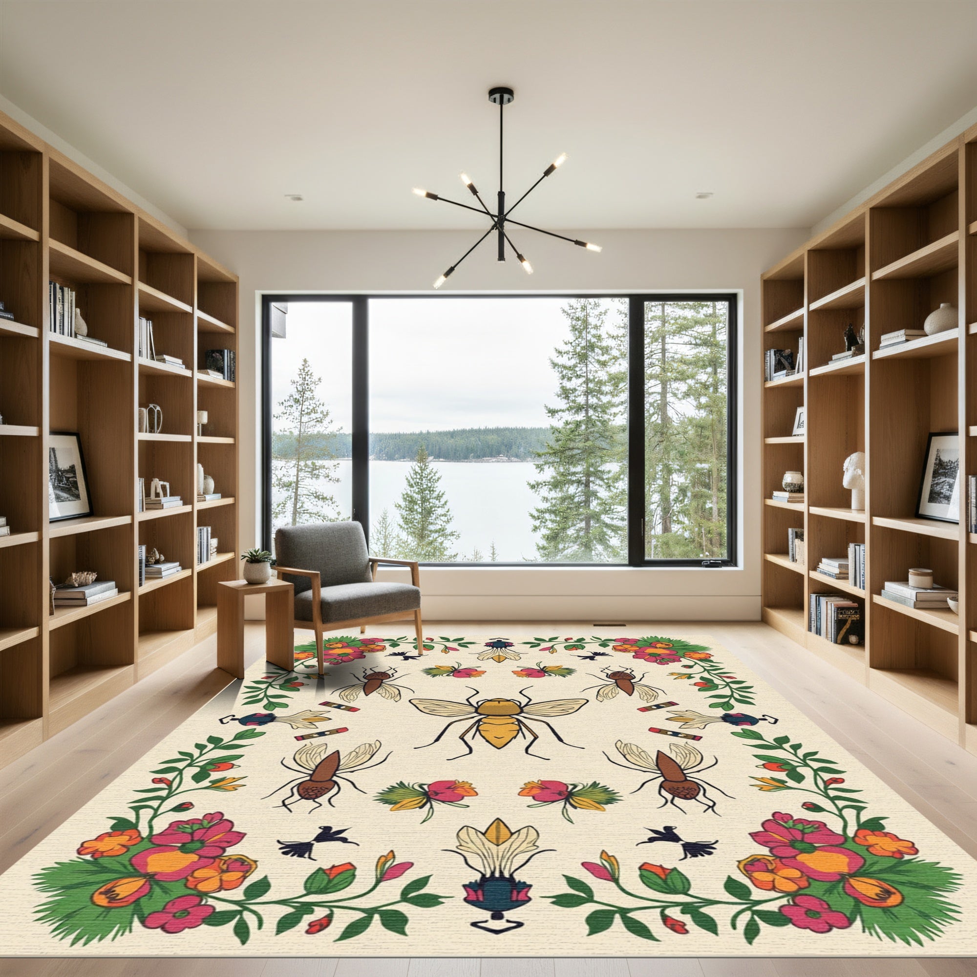 Vibrant Floral Insect Medallion Cream Rug