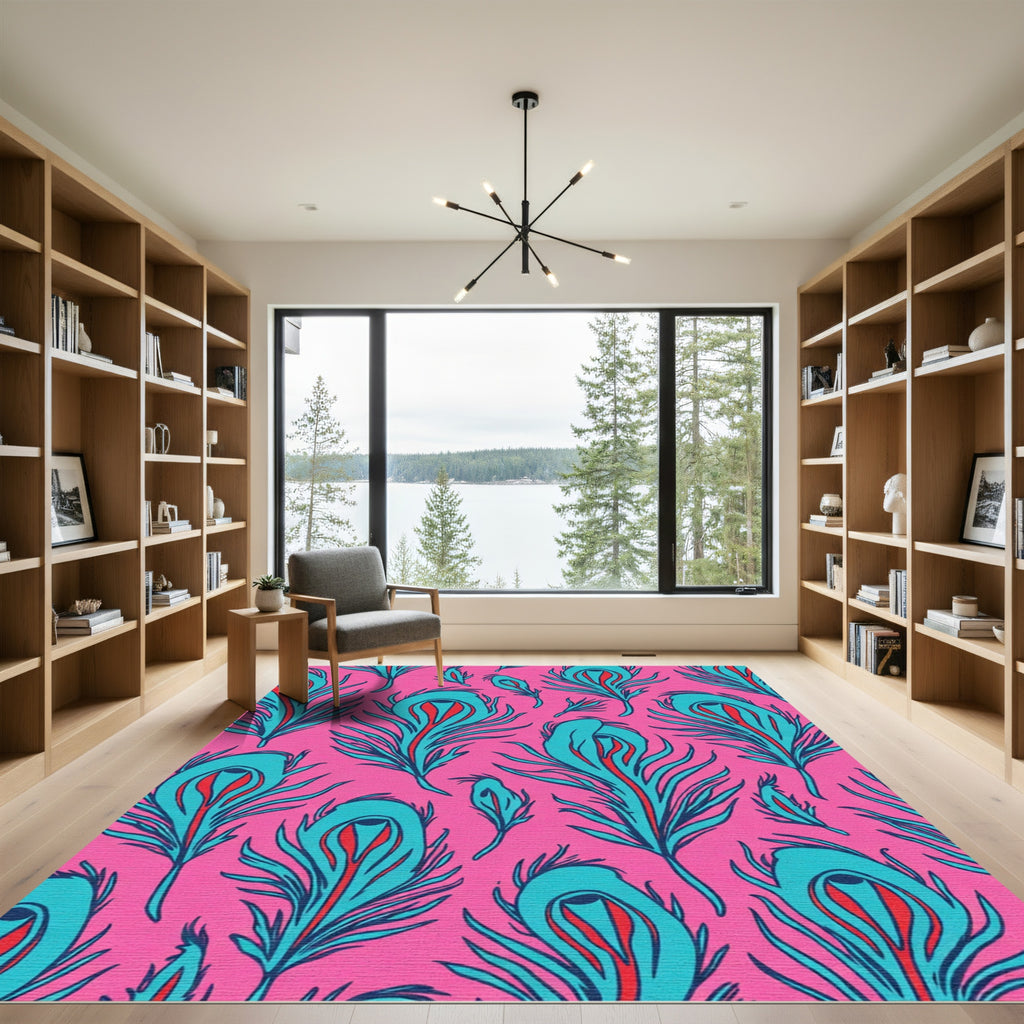 Vibrant Pink Teal Feather Arrangement Rug