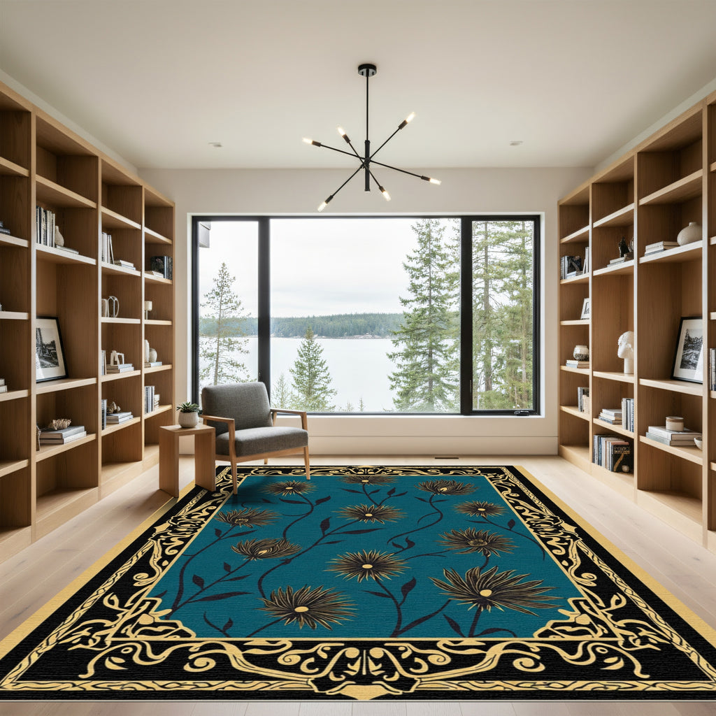 Golden Floral Swirl Teal Rug