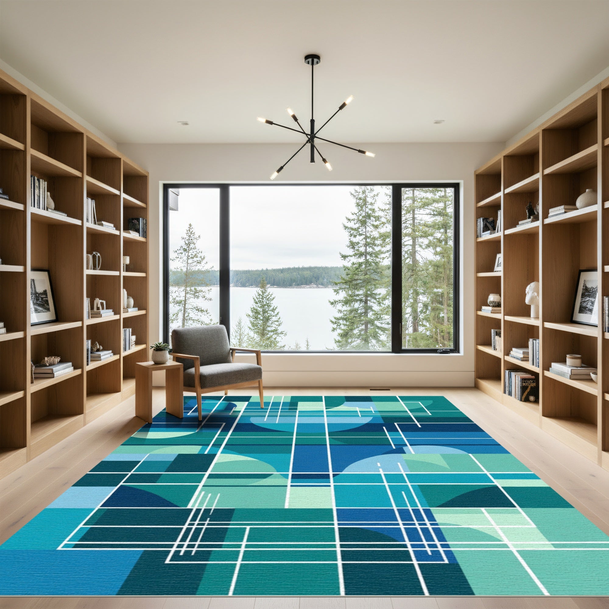 Blue Green Abstract Geometric Grid Rug