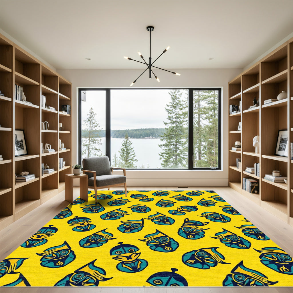 Yellow Teal Whimsical Faces Rug