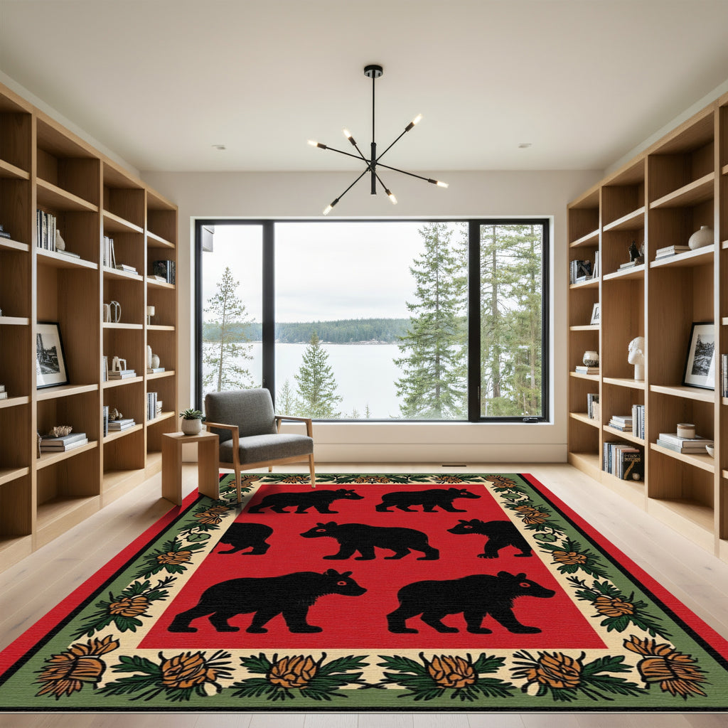 Red Black Bear Floral Border Rug