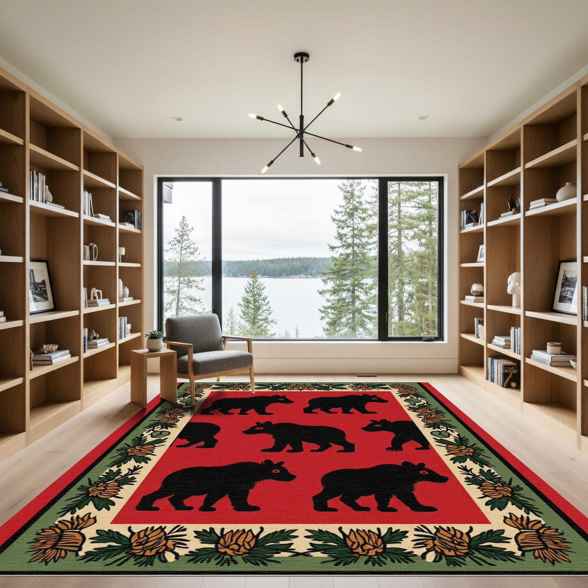 Red Black Bear Floral Border Rug