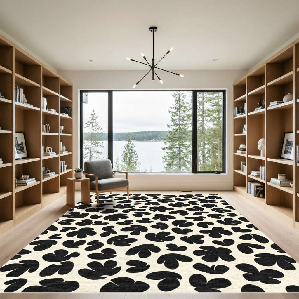 Black Abstract Organic Shapes Cream Rug