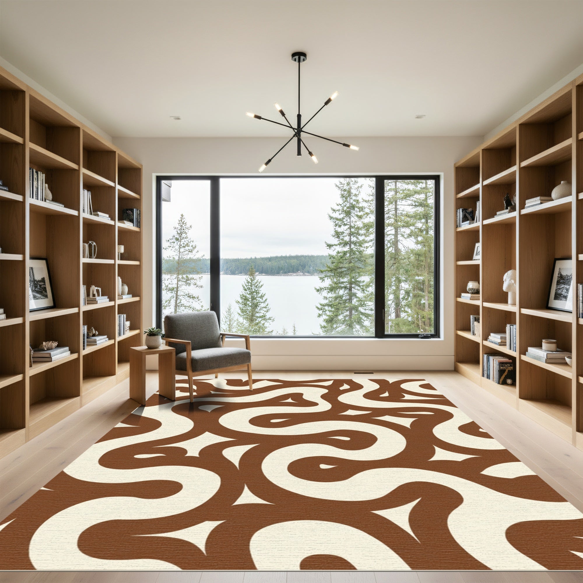 Brown Cream Abstract Swirl Rug