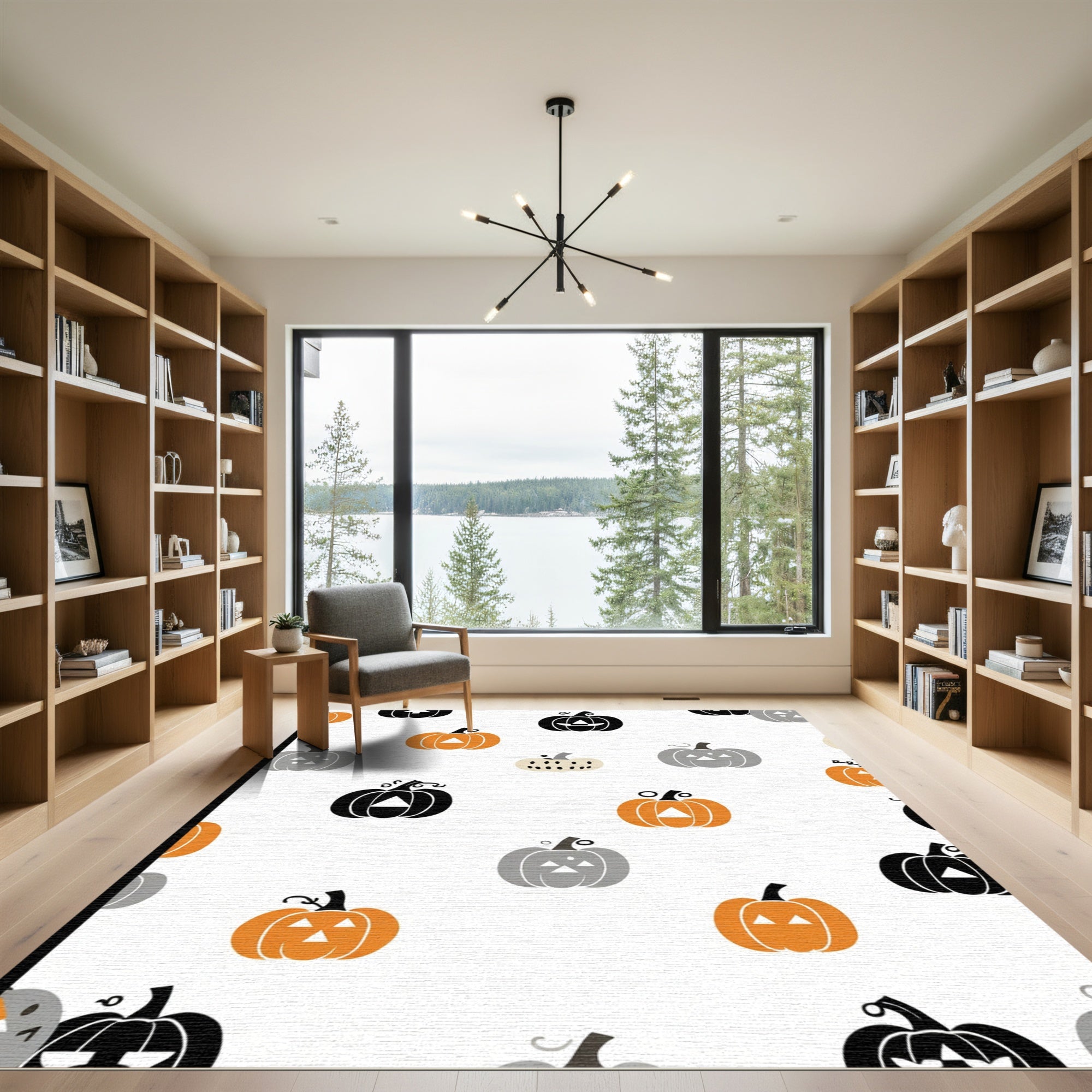Whimsical Orange Black Gray Pumpkin Faces Rug