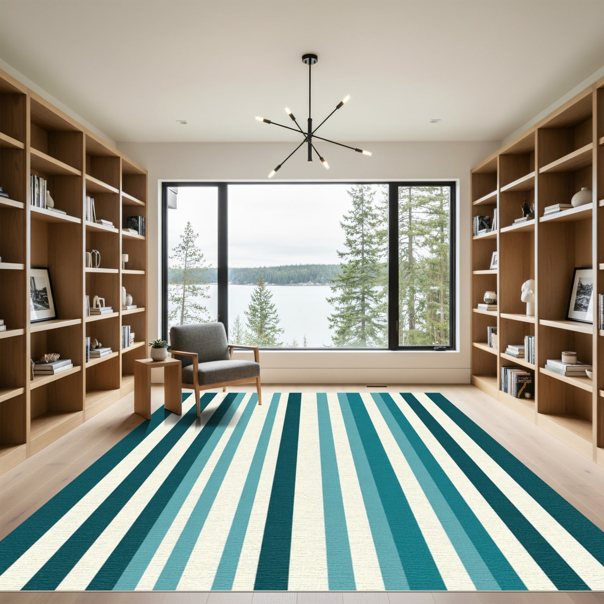 Teal Cream Striped Vertical Bands Rug