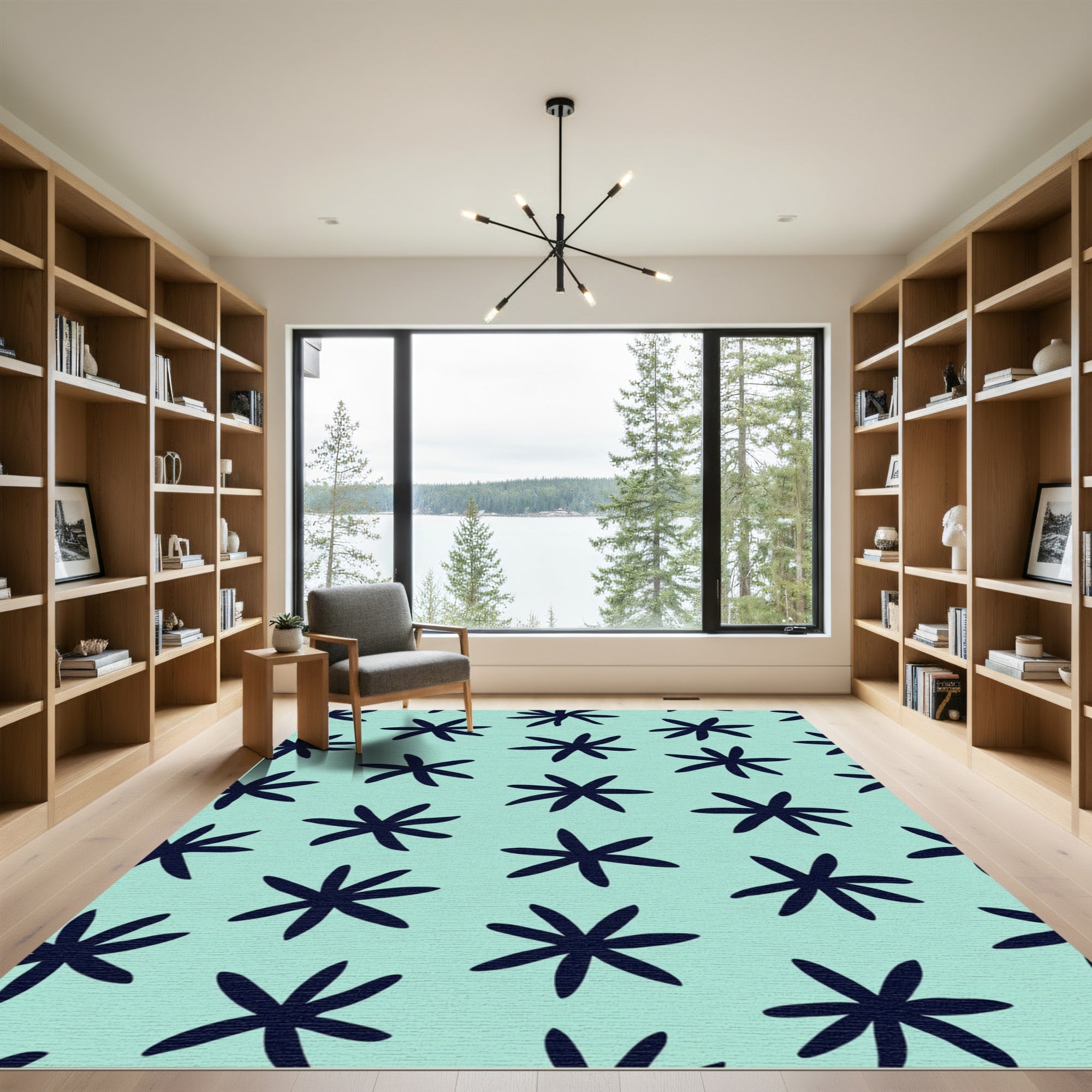 Dark Blue Starburst Aqua Field Rug