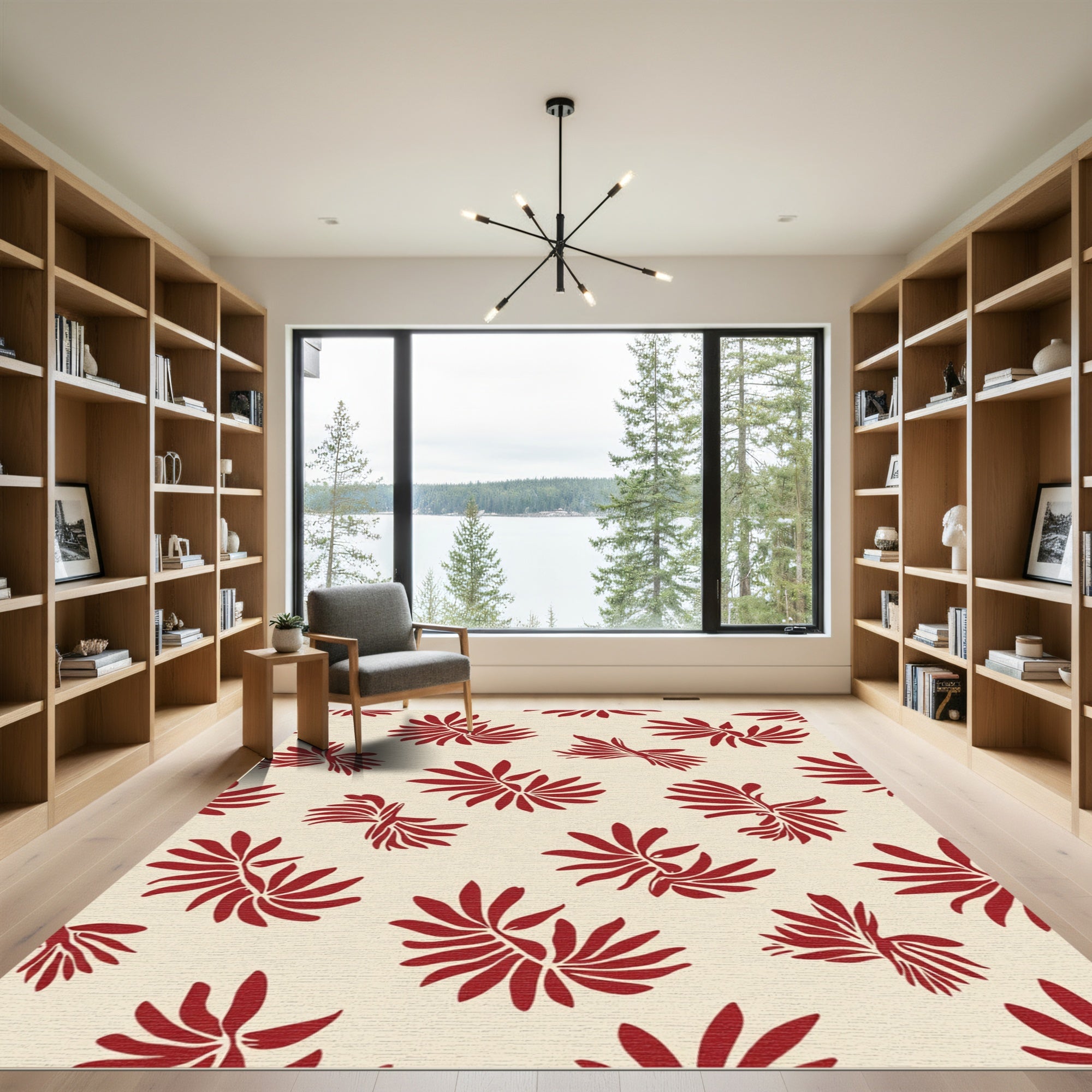 Crimson Fern Leaf Arrangement Rug