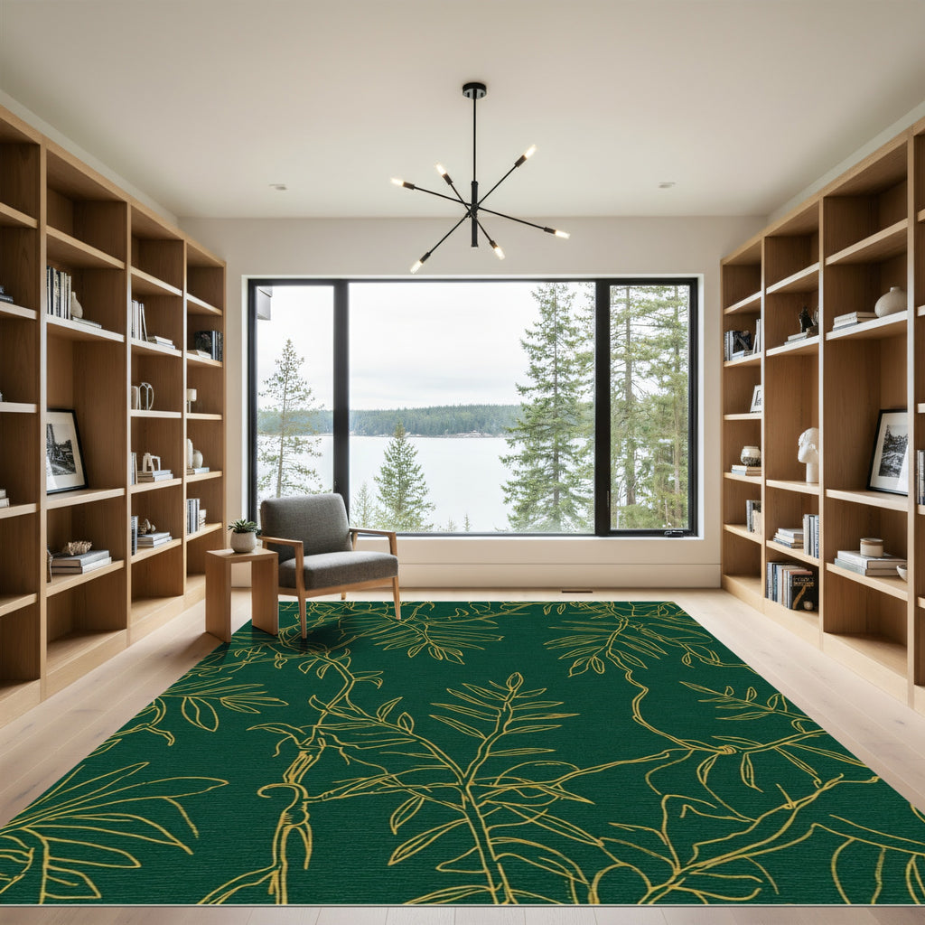 Emerald Green Golden Botanical Outline Rug