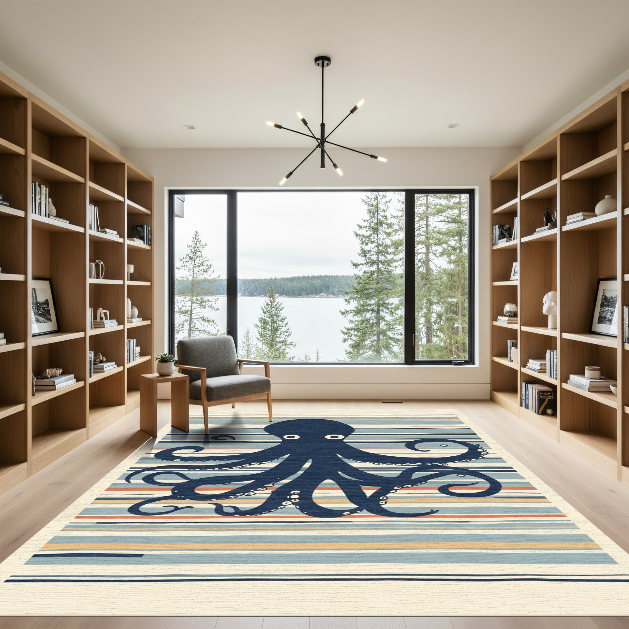 Navy Octopus on Striped Background Rug