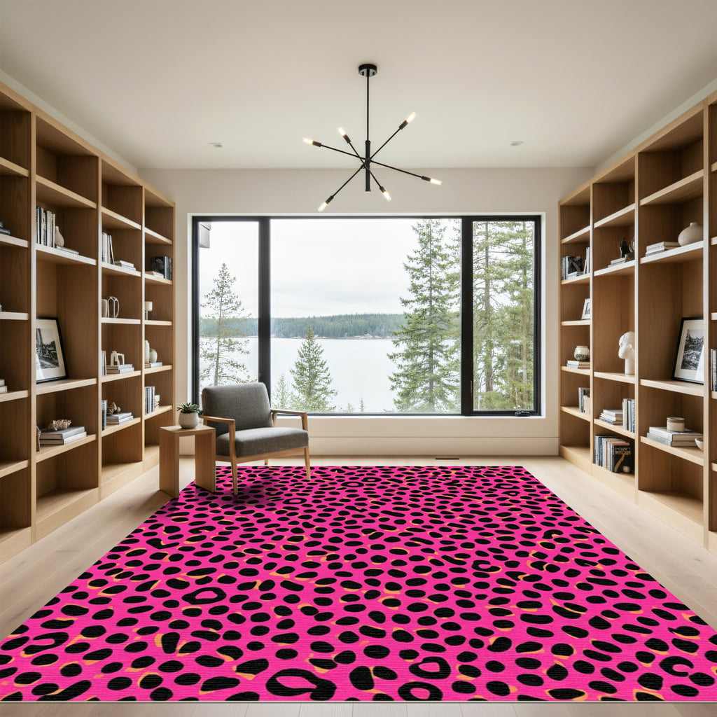 Vivid Pink Black Leopard Spots Rug