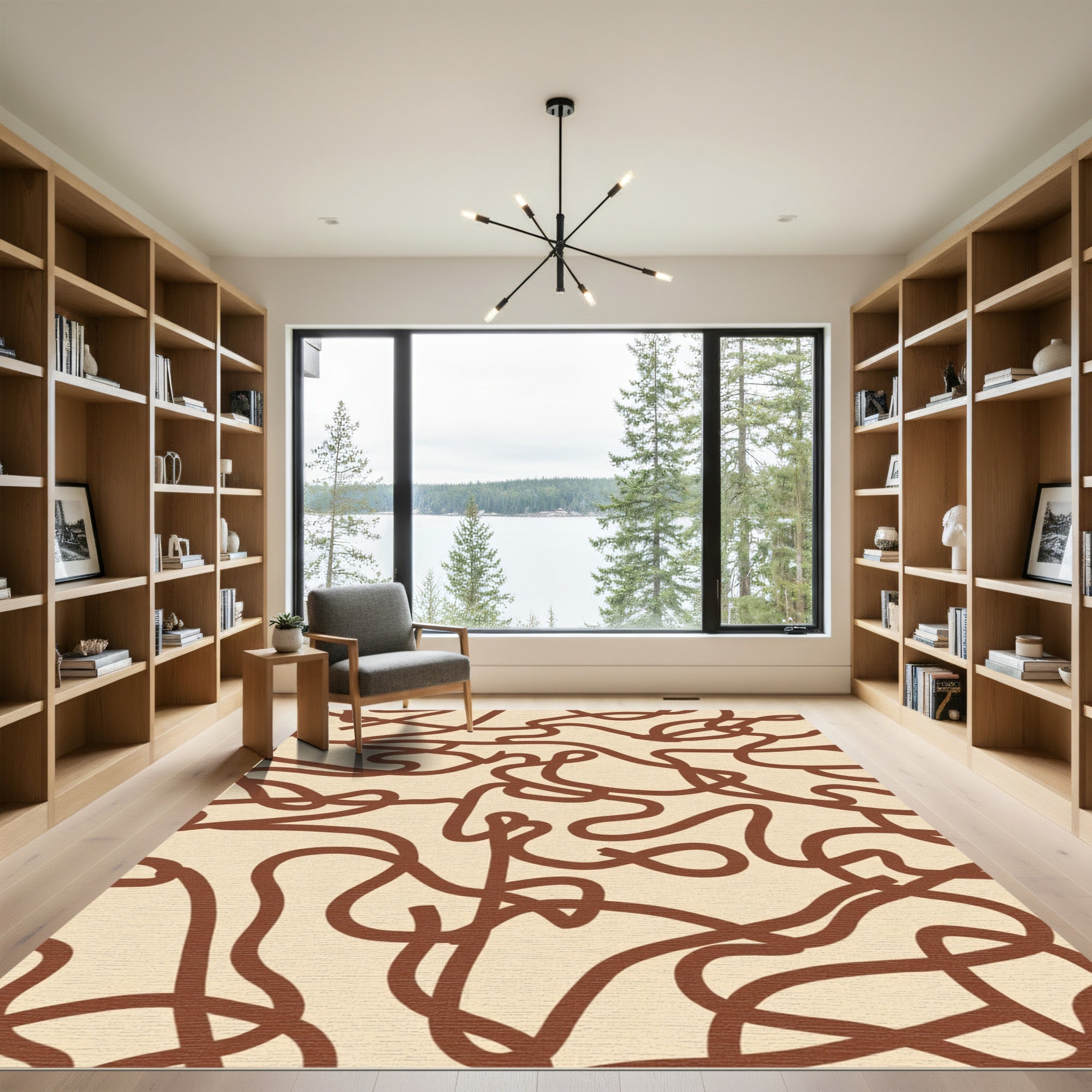 Brown Abstract Wavy Line Rug