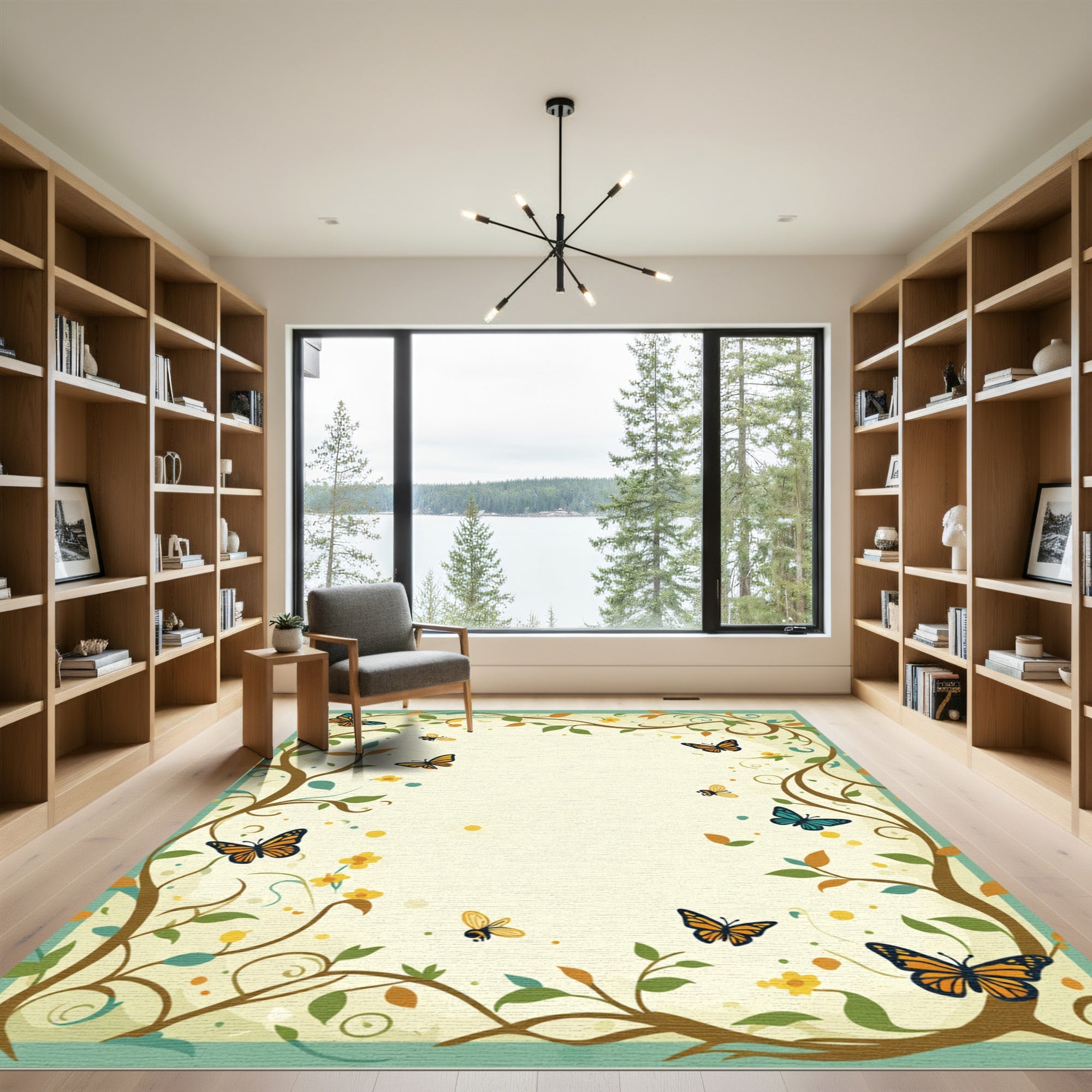 Whimsical Orange Blue Butterfly Garden Vine Rug