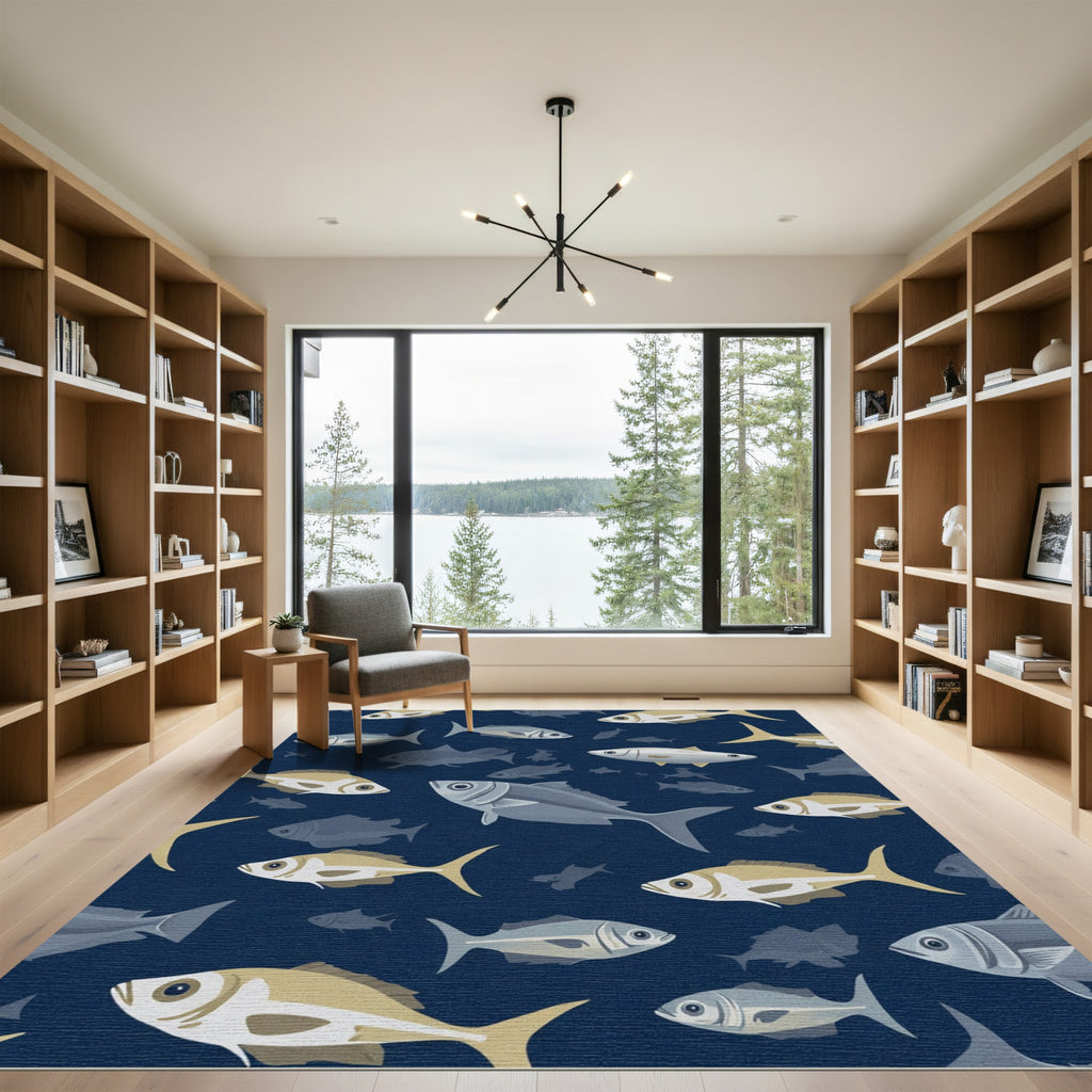 Deep Blue School of Fish Rug