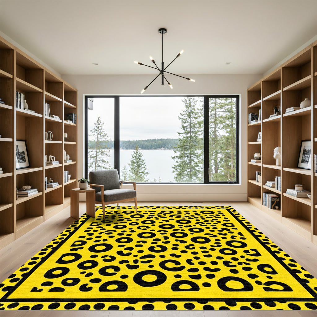 Vibrant Yellow Black Spotty Leopard Rug