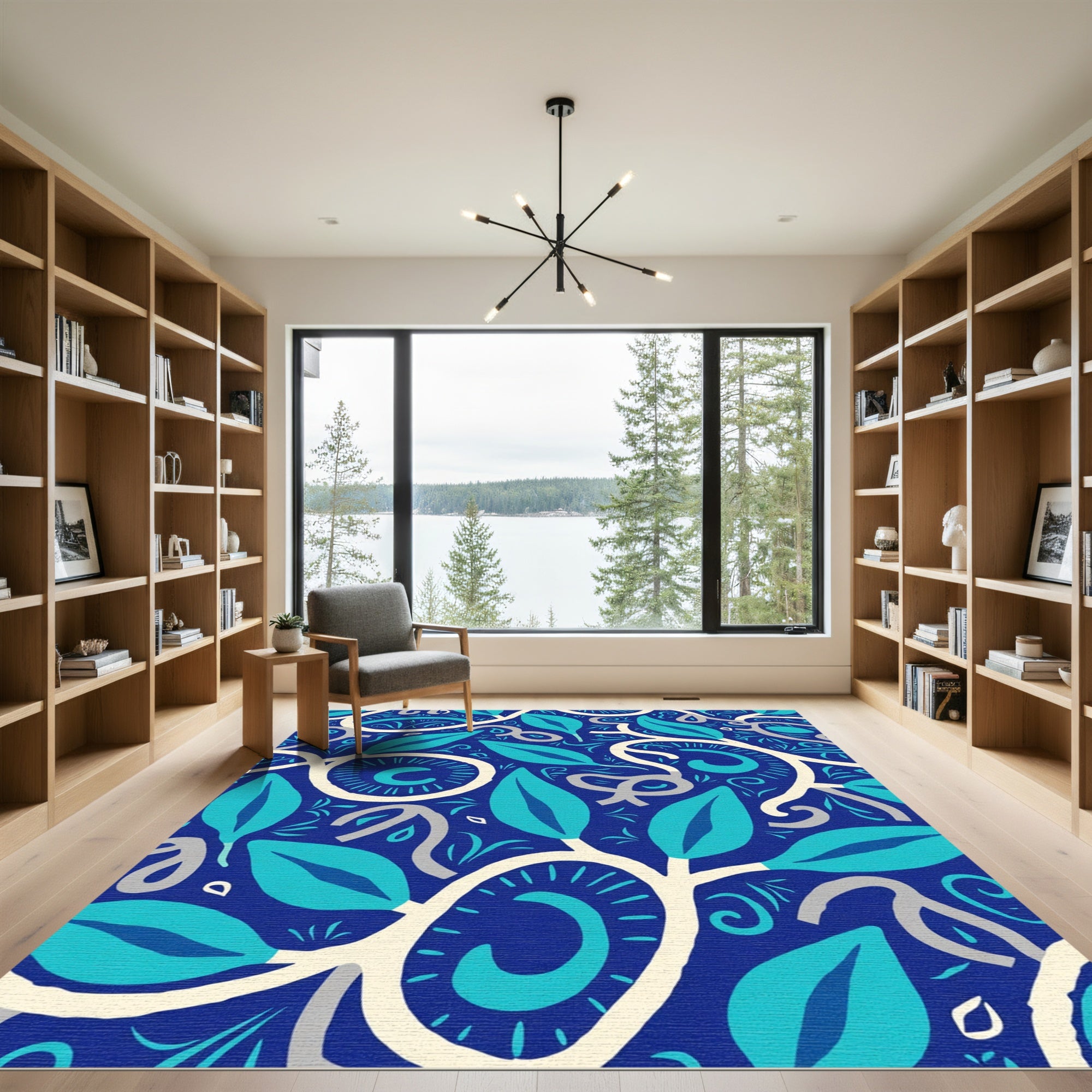 Deep Blue Teal Leaf Vine Harmony Rug
