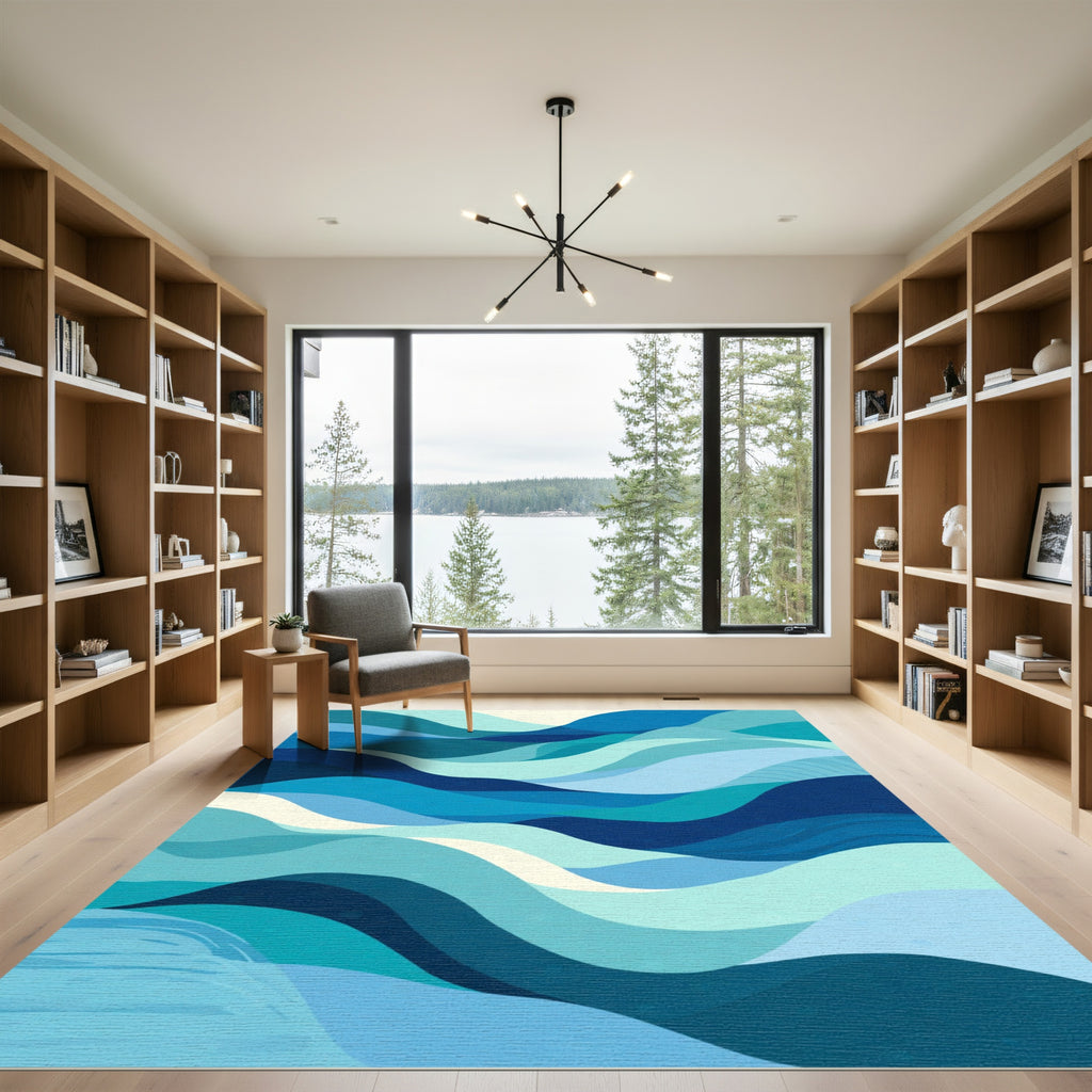 Teal Blue Layered Abstract Waves Rug
