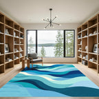Teal Blue Layered Abstract Waves Rug