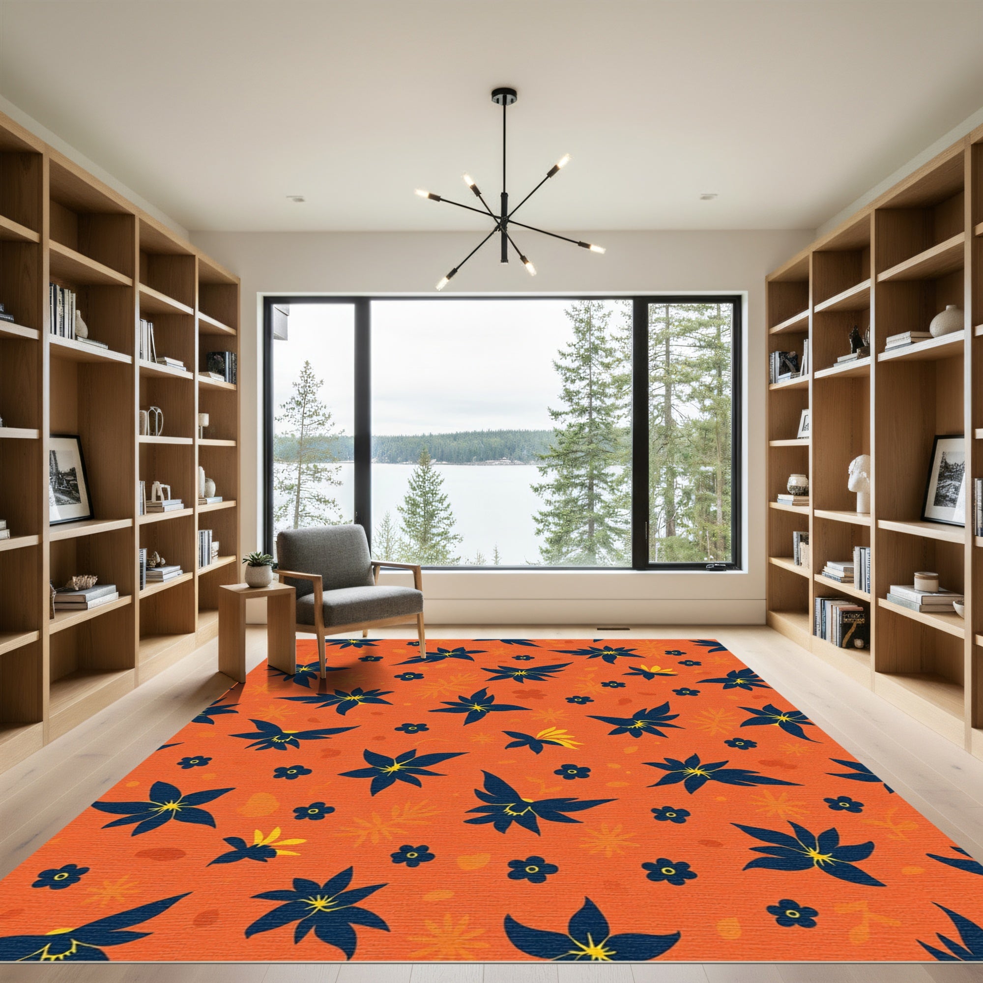 Vibrant Orange Dark Blue Floral Collage Rug