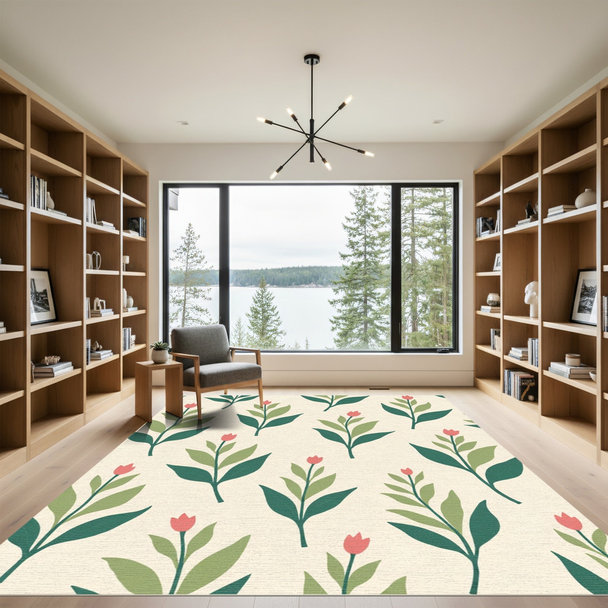 Coral Blossom Green Leaf Garden Rug