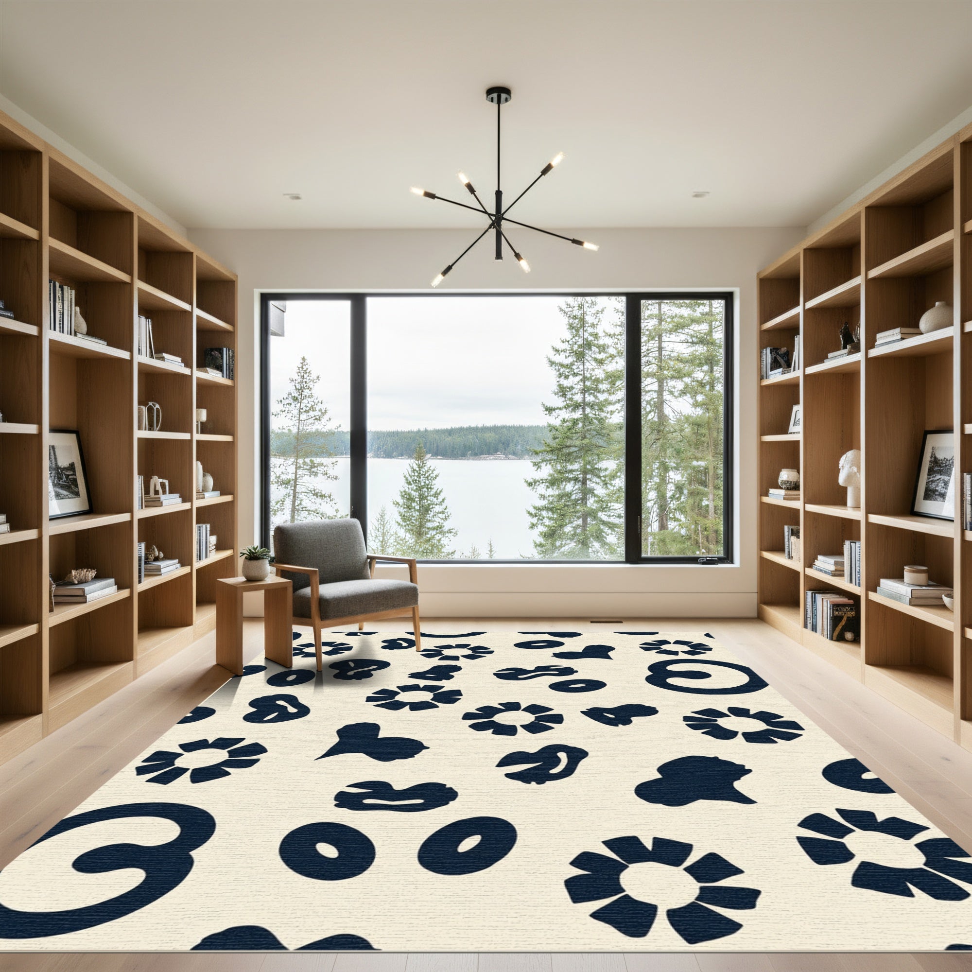 Navy Amoeba Blossom Whimsical Arrangement Rug