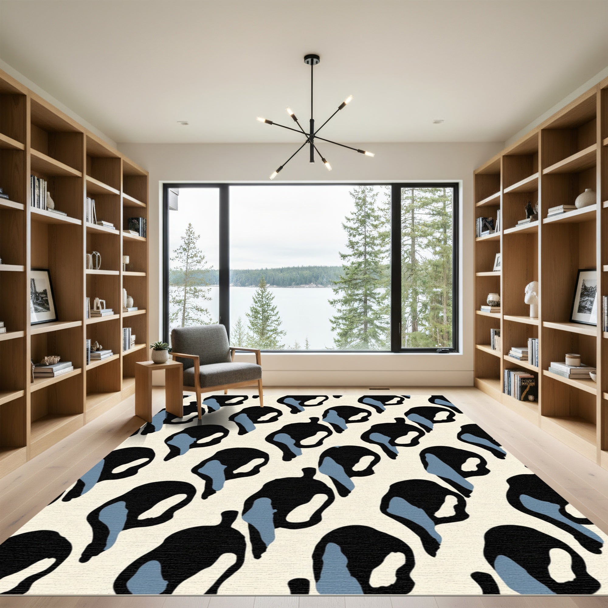 Cream Black Blue Abstract Spots Rug